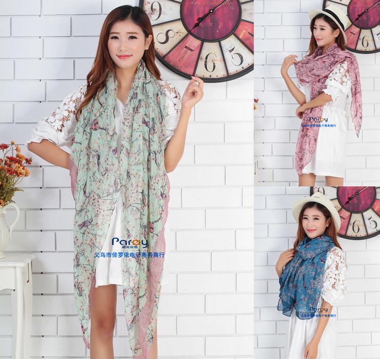 2015 New Fashion Scarf Flower Bird Tree Branch Print Scarves For Women Spring Autumn Shawls and Scarves 4 Colors