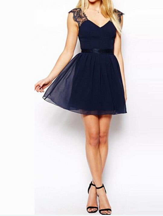 2014 Summer Women Fashion Work Wear Sexy Party Blue Contrast Lace Backless Dress WF-3138