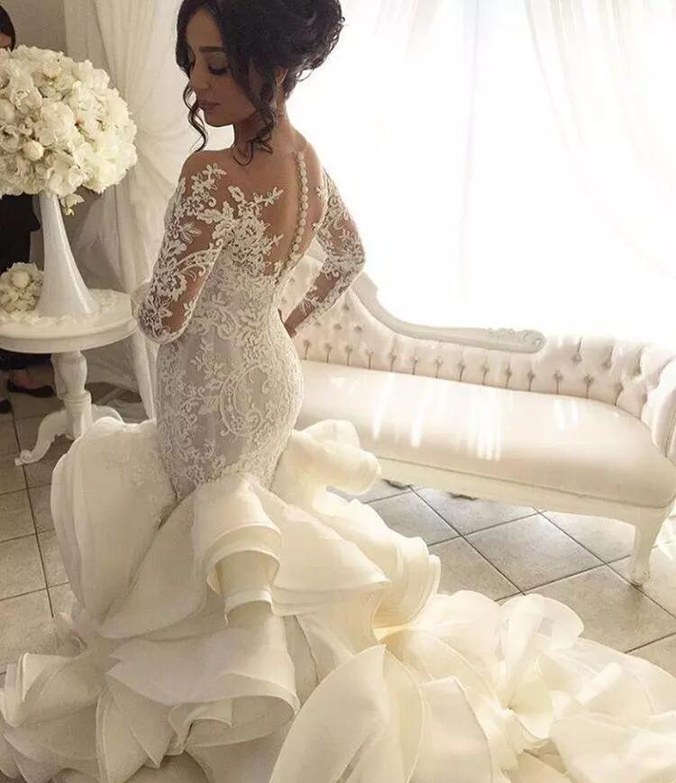 elegant mermaid wedding dress with jewel appliqu sweep train custom long sleeves gown