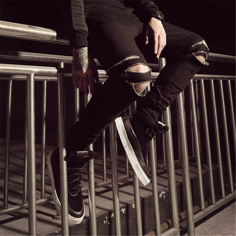 Wholesale-Streetwear Black Joggers Knee Zipper Pleated Hip Hop Sweatpants For Men Casual Biker Jogging Pants Men Skateboard Pants Q1455