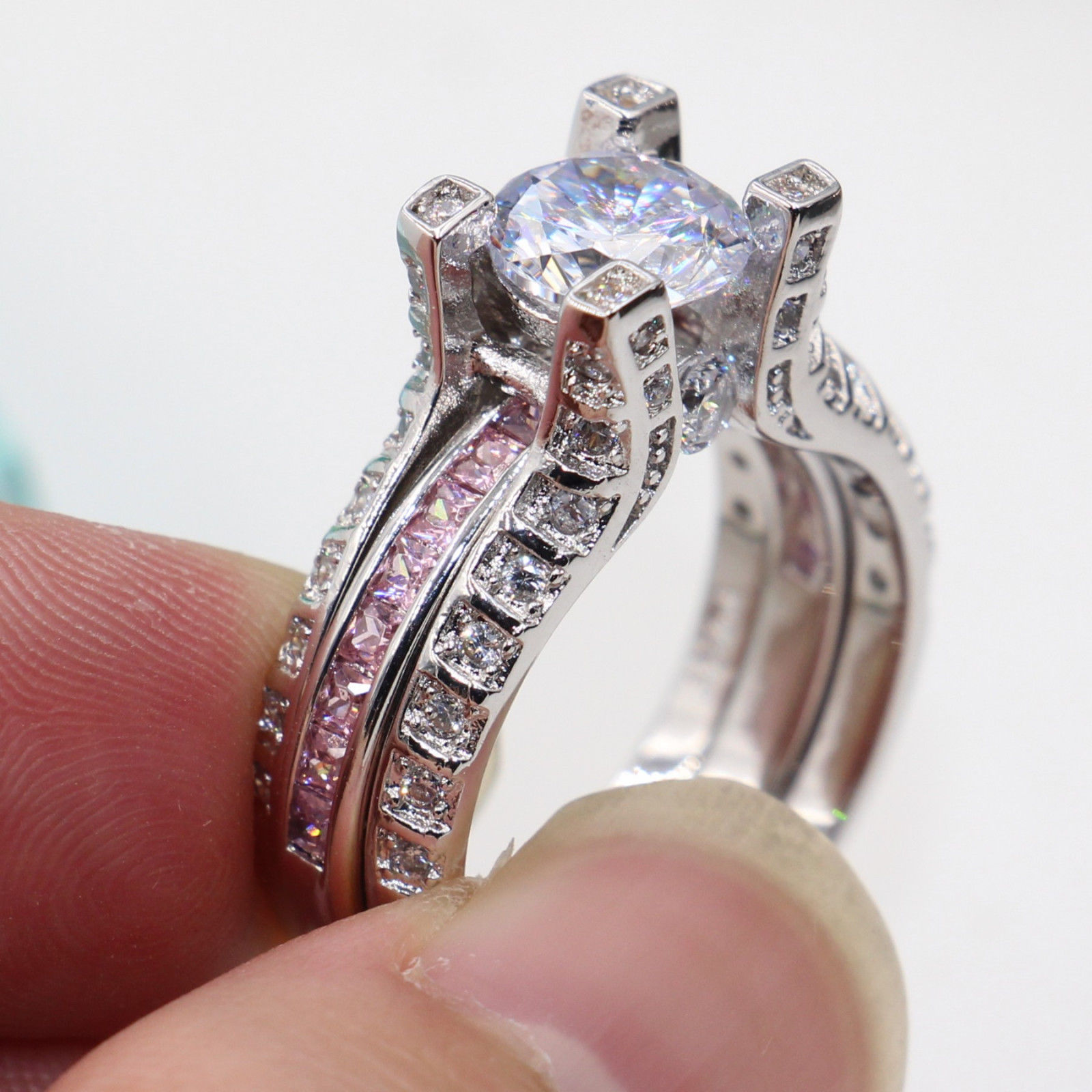 SZ5-11 Luxury wholesale Professional fashion jewelry 10kt white gold filled Gf pink topaz Wedding Engagement Band Ring set gift