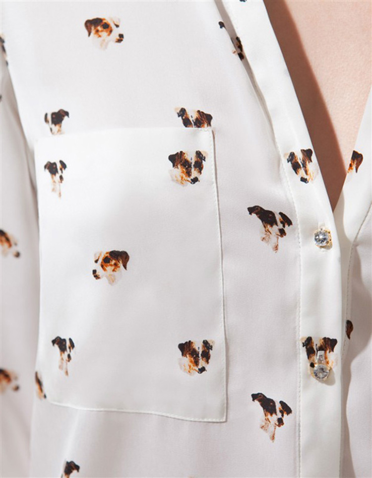 Spring 2014New Fashion Dogs Chiffon Shirt/ Collarless Loose Cusual Animal Printed Long Sleeve Chiffon Blouse For Women,White