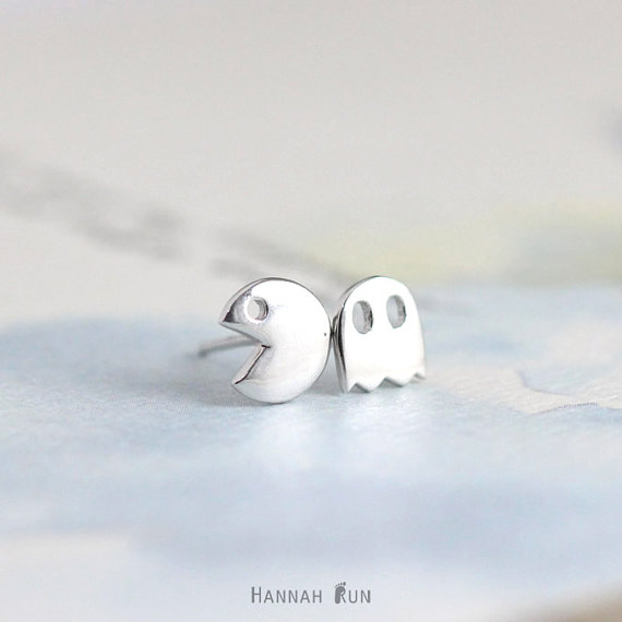 30Pair- S013 Gold Silver Pacman or Pac Man Stud Earrings Cute Ghosts Stud Earrings Game Fun Cartoon Earrings Stud for Girl