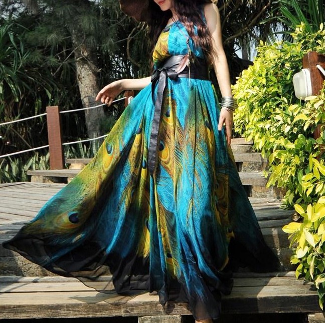 Fashion 2015 Summer New Long Section Chiffon Sleeveless Large Swing Peacock Print Dress Plus Size Bohemian Beach Dress Vestidos FG1511