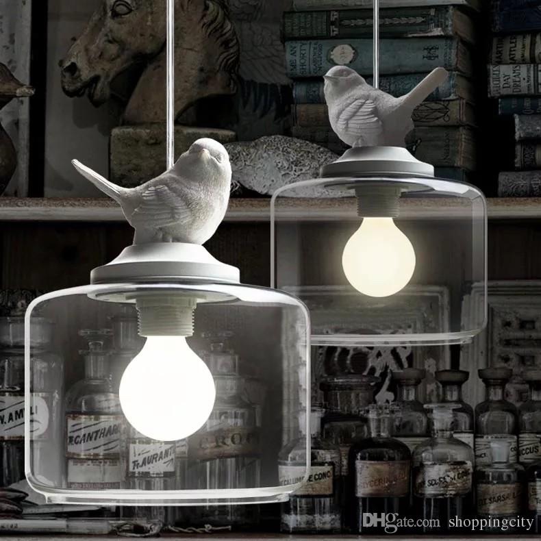 Glass Pendant Light For Kids Room Lamps Dia 20cm Stair Lampada Pendente Tiny Resin Bird Glass Shade Pendant Lamp