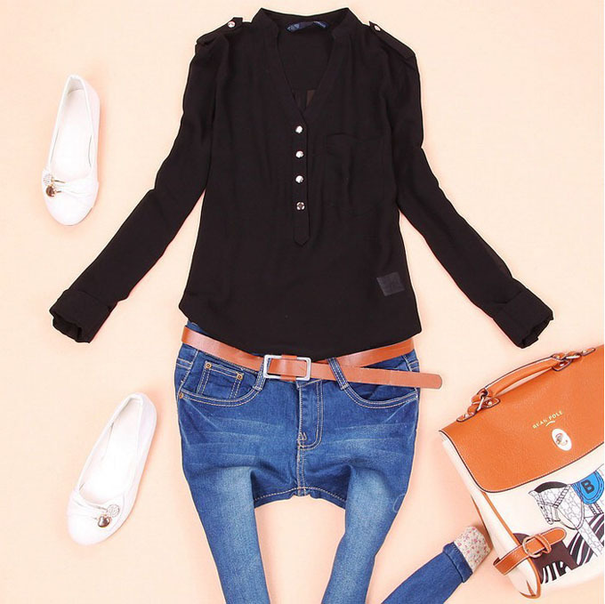 New 2014 Summer women tops and blouses V neck long sleeve chiffon tops shirt blouse plus size Amazing blouse .