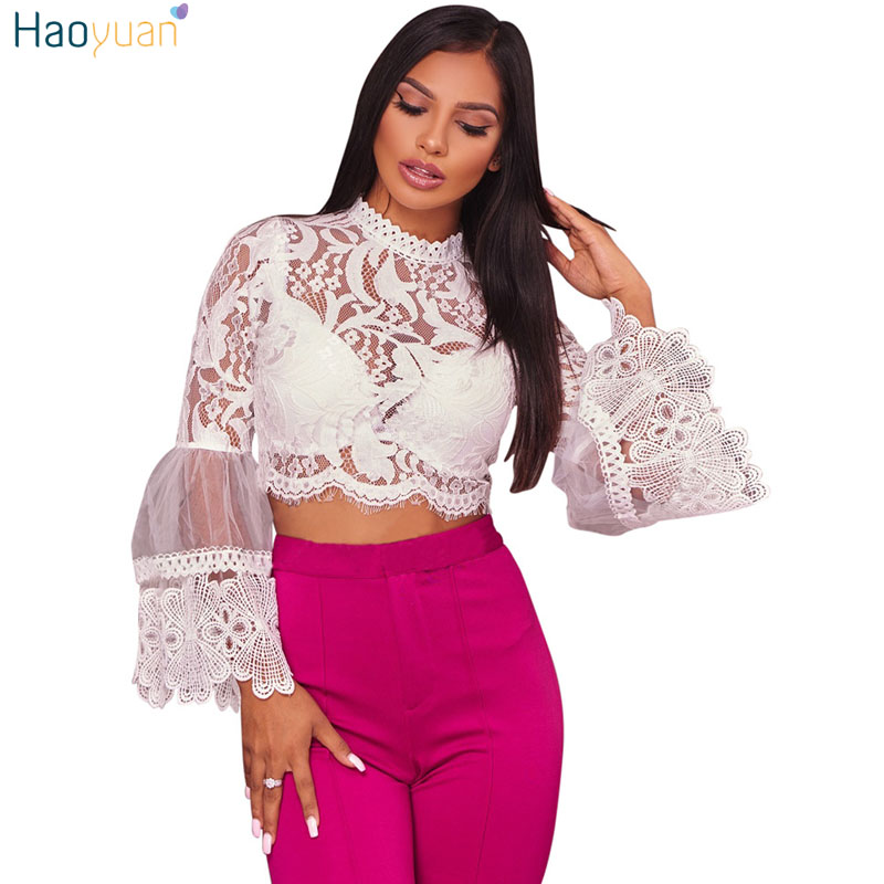 HAOYUAN Lace Sexy Blouse Women Crop Tops See Through Long Sleeve Tops 2017 Autumn Fashion Boho Zip Blouses Black White Shirts q1110