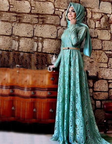 Muslim Evening Dresses A-line Long Sleeves Mint Green Lace Hijab Islamic Dubai Abaya Kaftan Long Evening Gown Prom Dress