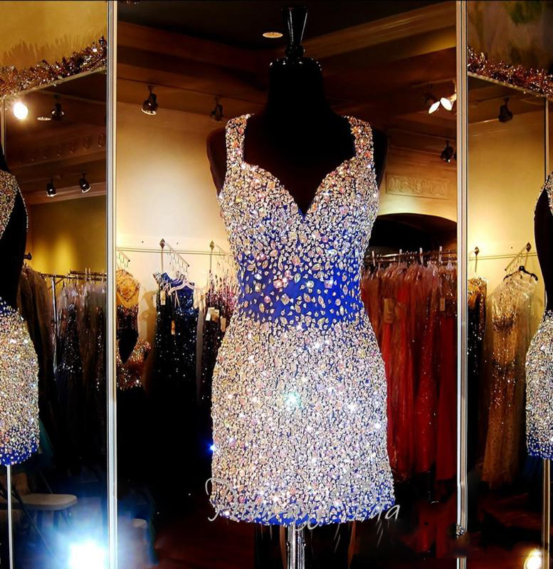 Shiny Crystal 2016 Short Prom Dresses Evening Wear 3 Colors Major Beading Backless Bling Bling Girl Prom Gowns Plus Size