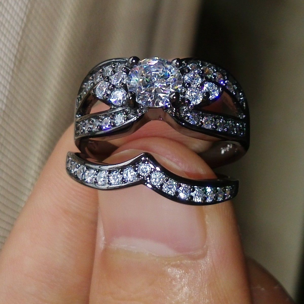 Engagement Ring Set: 10k Black Gold Filled White Topaz CZ Gem Simulated Dia, Size 5-10