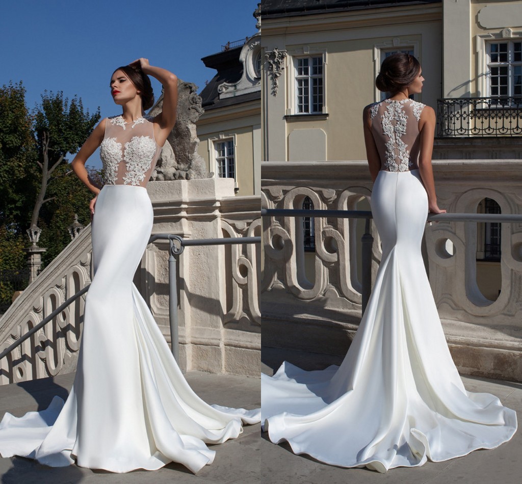 

Sexy Lace Mermaid White Wedding Dresses Sheer Neck Vestidos de Novia sweep Train Robe de mariage Cheap Bridal Gowns, Ivory