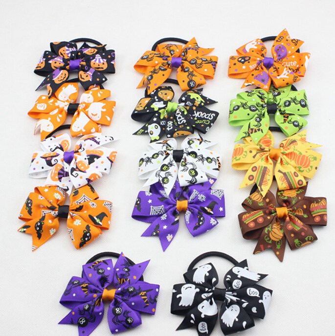 Happy Halloween hair bows clips spook Hair Tie Rope Bow Band cartoon 3" baby pumpkin chevron Hair bobbles Elastic Hair Band PJ5287