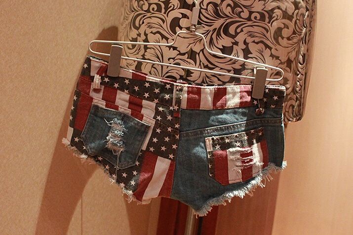 Fashion Summer Women's Sexy Ripped Hole American Flag Denim Club Hot Pants Shorts Low Waist Nightout Clubwear Jeans