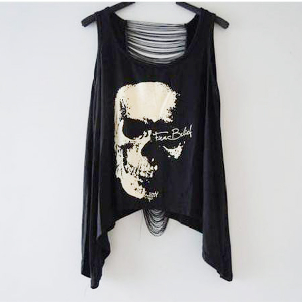 New 2014 Hot Irregular Hollow Tassel Skull Printed Women Tank Tops,Casual Women Pullovers,Summer Women Clothing