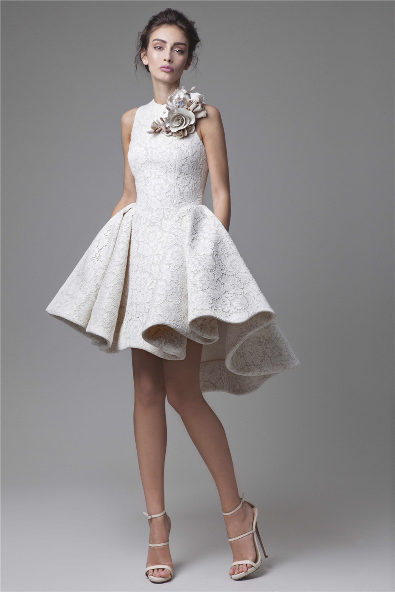 2019 Krikor Jabotian High Low Prom Dresses Jewel Neckline A-Line Flower Appliqued Party Dress Short Lace Evening Gowns