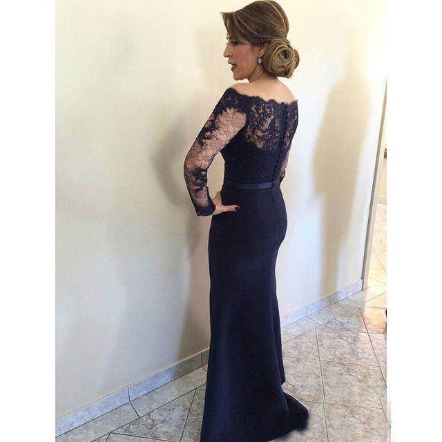 Elegant 2016 Navy Blue Lace Off Shoulder Long Sleeve Mermaid Mother Off Bride Dresses Modest Satin Trumpet Long Formal Gowns EN1304