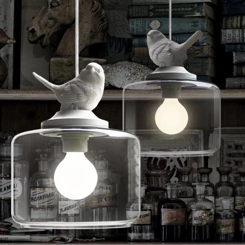 Glass Pendant Light For Kids Room Lamps Dia 20cm Stair Lampada Pendente Tiny Resin Bird Glass Shade Pendant Lamp