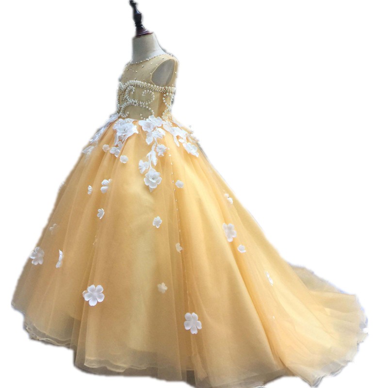 pearls major beading floor length jewel custom made light yellow color kids formal wear applique flower girl dresses