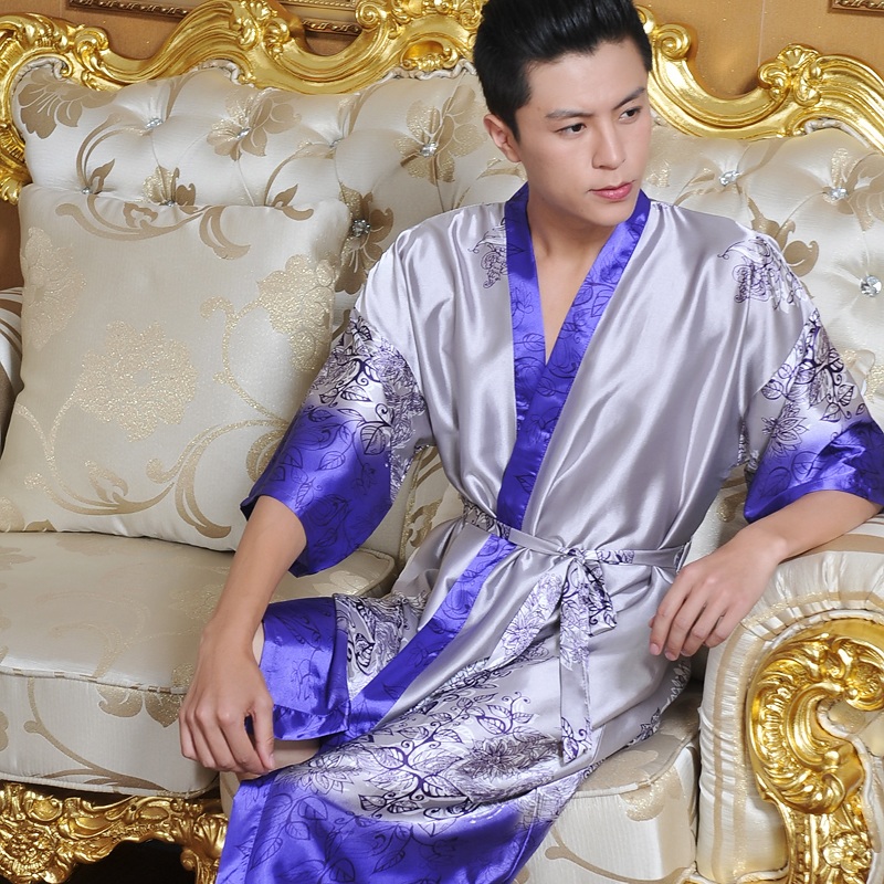 Wholesale-Summer faux silk robe male bathrobe half sleeve silk men sleepwear fashion short-sleeve robe free shipping