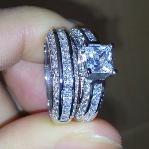 Retro Size 6-10 Princess Cut 10k white gold filled white Topaz Wedding Ring set gift