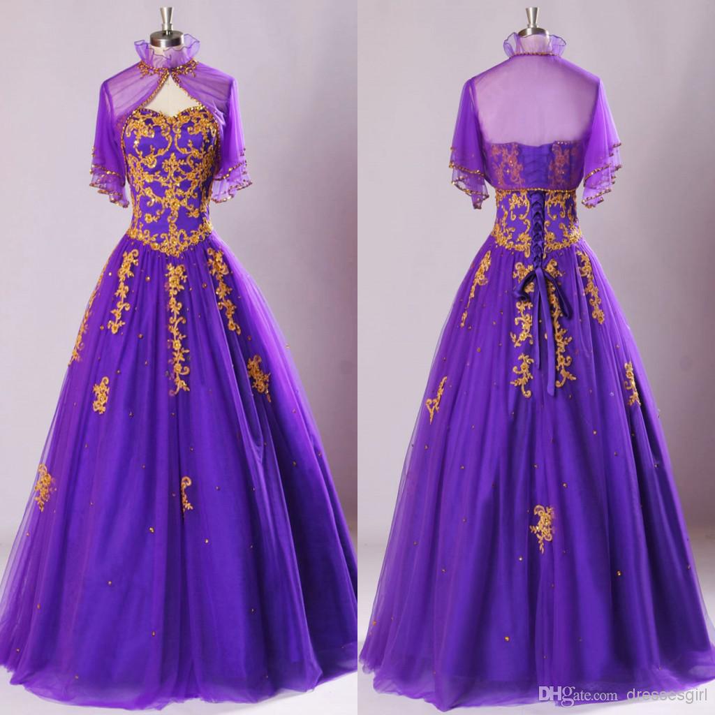 Real Image Organza Vintage Purple Prom Dresses Sweetheart Gold Appliques Pleats Sheer Bolero Lace Up Back Quinceanera Dresses form