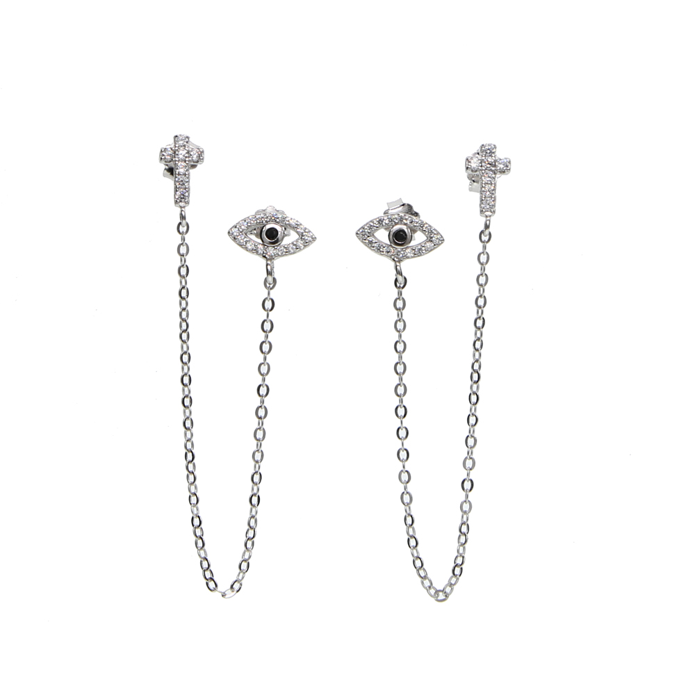 Sterg Sier Double Hole Evil Eye Charm Dangle Earrings
