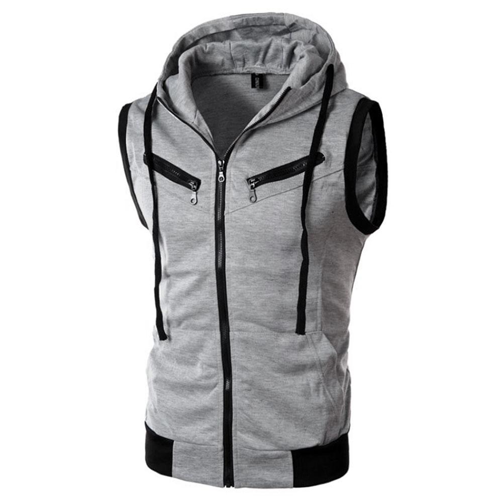 Fall-Men Male Hooded Pockets Vest Sleeveless Casual Good Selling Waistcoats Burgundy/Light Gray/Dark Gray M/L/XL/XXL