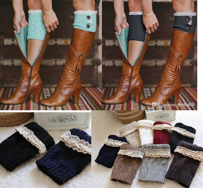 Fashion Women Girl Leg Warmers Hosiery Stockings Crochet Knit button white Lace trim Boots socks Cuff Leggings Tight 9colors gift