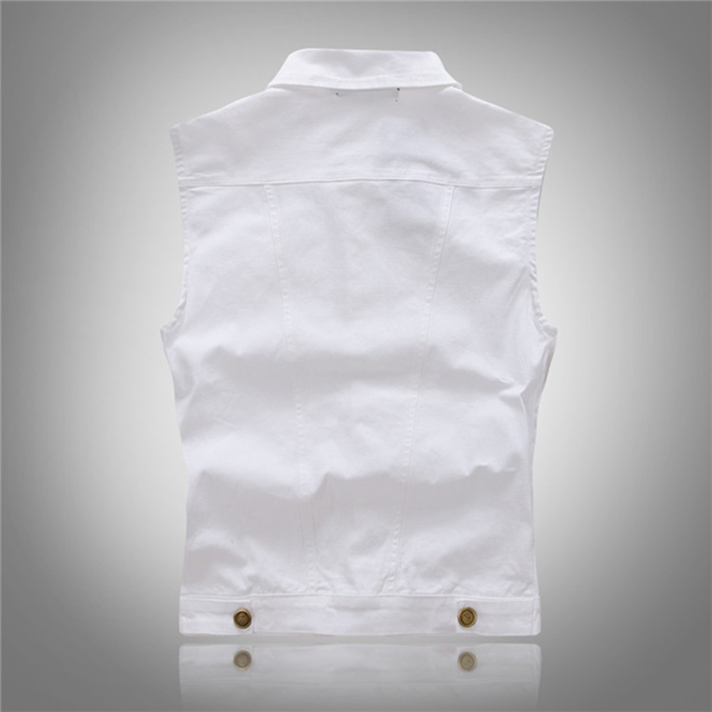 Fall-All-match Men White Jean Waistcoat Classic Vintage Jean Vest Classic Sleeveless Jean Jacket Asian Size M-XXL