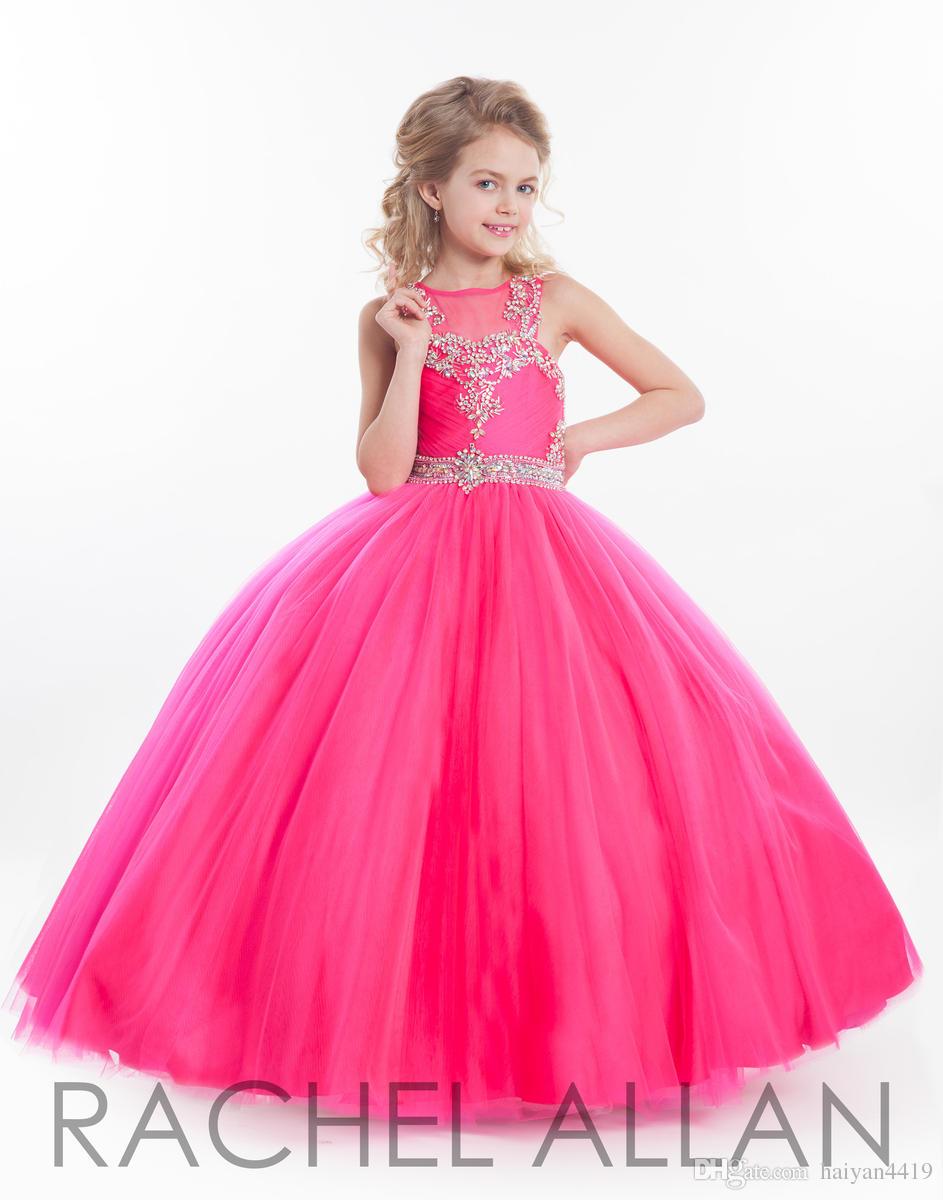 Rachel Allan Girls Pageant Dresses For Teens Illusion Neck Crystal Beades Fushia Long Keyhole Back Size 13 Party Children Flower Girl Gowns