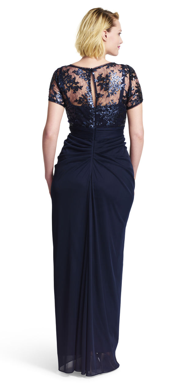 Navy Blue Chiffon Sheath Plus Size Formal Dresses 2015 New Style Special Occasion Sequin Lace Short Sleeve Evening Dress Custom EN7213