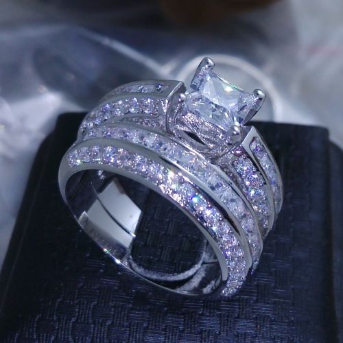 Retro Size 6-10 Princess Cut 10k white gold filled white Topaz Wedding Ring set gift