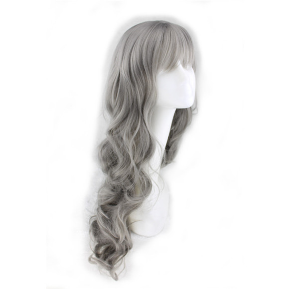 grey wig with neat bangs long curly synthetic natural wavy wigs grandmother gray hair women