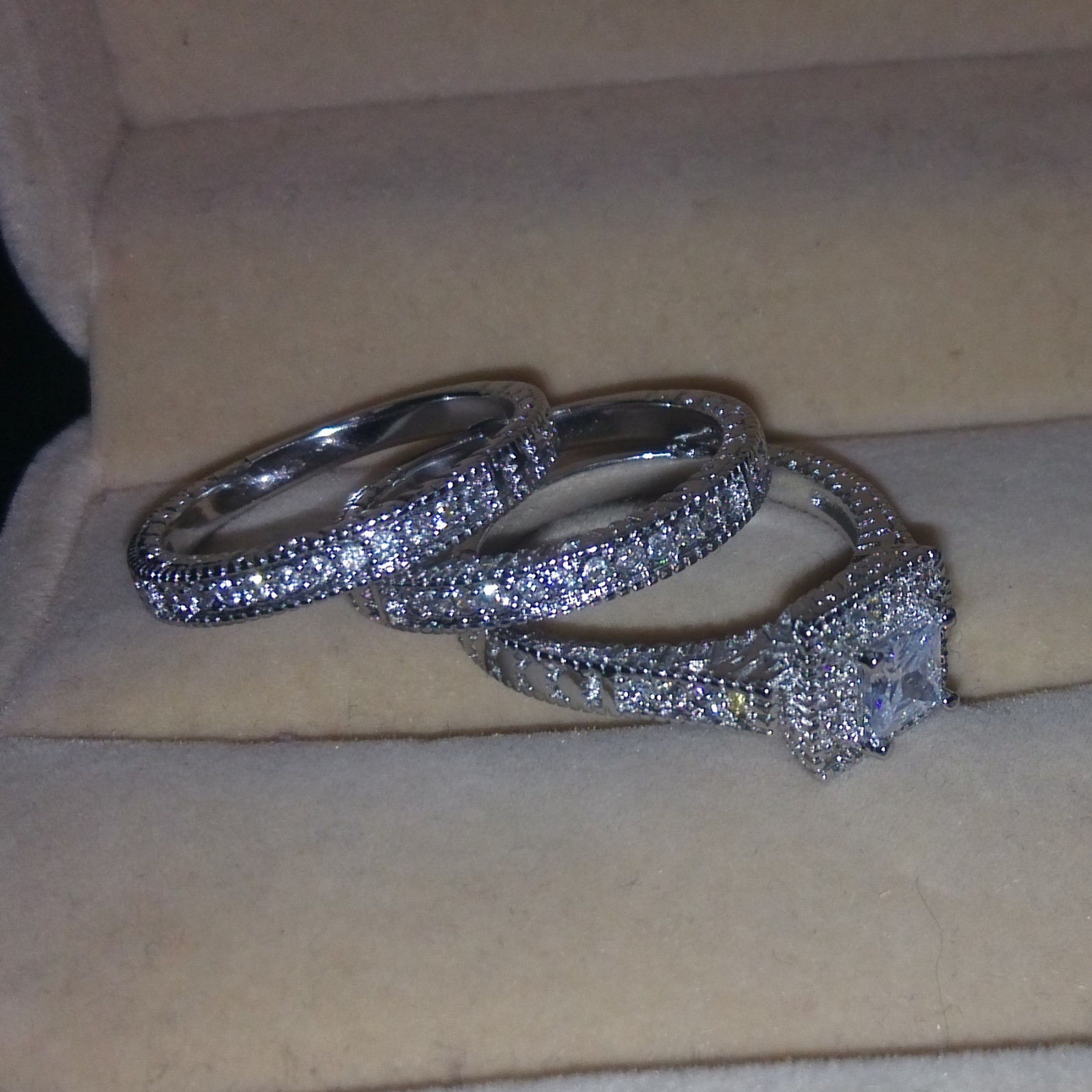 Size5/6/7/8/9/10 Hot sale Retro Vintage Princess Cut Jewelry 10KT white gold filled GF whitr topaz Women Wedding Bridal Ring set gift