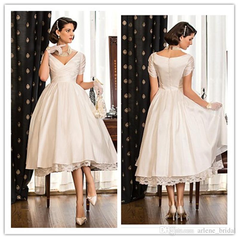 2019 Short Wedding Dresses A Line V Neck Short Sleeve Satin and Lace Tea Length Tiered Formal Bridal Gowns, Pink
2019 Short Wedding Dresses A Line V Neck Short Sleeve Satin and Lace Tea Length Tiered Formal Bridal Gowns, Pink