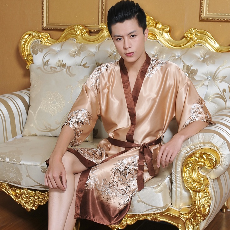Wholesale-Summer faux silk robe male bathrobe half sleeve silk men sleepwear fashion short-sleeve robe free shipping