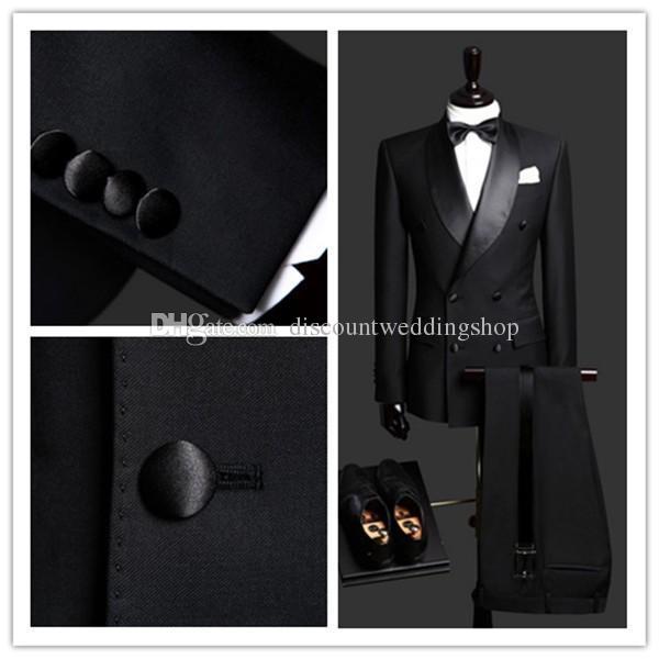 Double-Breasted Side Slit Black Groom Tuxedos Shawl Lapel Groomsmen Mens Weddings Prom Business Suits (Jacket+Pants+Girdle+Tie) NO:2599