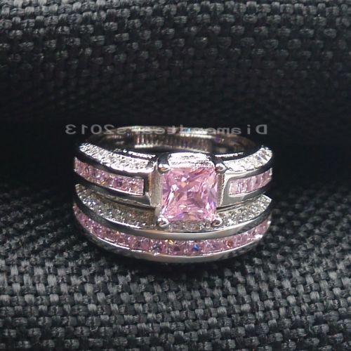 10K White Gold Filled Pink Sapphire Princess Cut Wedding Ring Set for Women