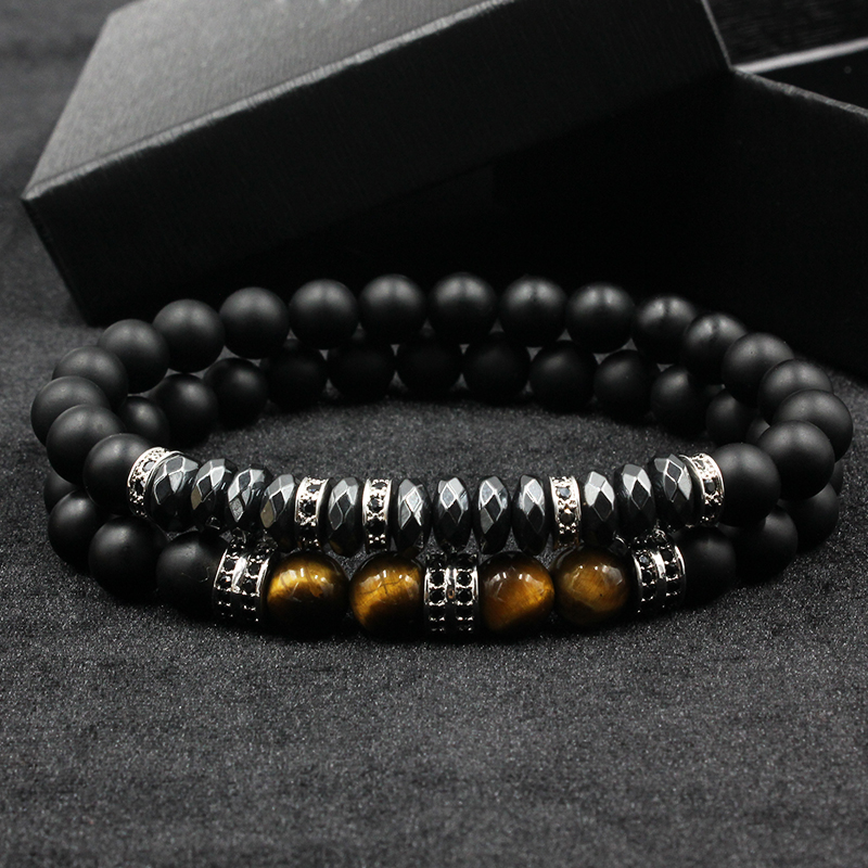 2pcs/set Brand Fashion Pave CZ Men Bracelet 8mm Matte Beads with Hematite Bead Diy Charm For Wrist Strap accessories Gift Valentine's Day Holiday