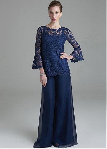 Classy Purple Lace Mother Of The Bride Pant Suits Sheer Jewel Neck Long Sleeves Wedding Guest Dress Plus Size Chiffon Mothers Groom Dresses
