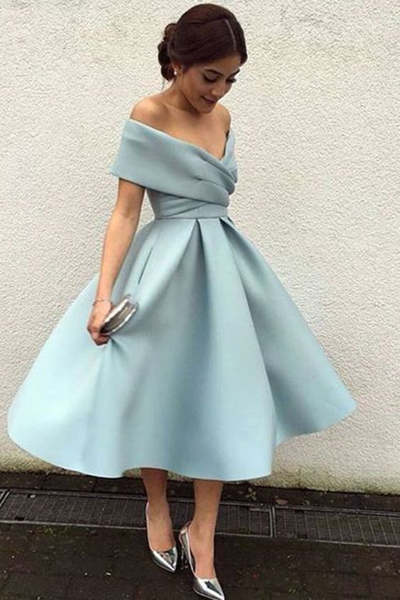 Modest Cocktail Dresses Off the Shoulder Tea-Length Satin 2019 Arabic Cheap Bridesmaid Dress Prom Party Gowns Custom Made