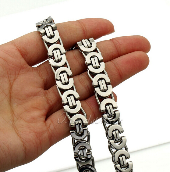 New Style Jewlery Set 8mm Silver Tone Flat byzantine chain necklace & bracelet 316L Stainless Steel Bling for Fashion mens XMAS Gift jewelry
