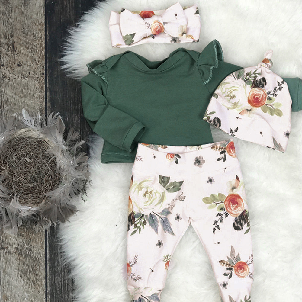 toddler baby clothing set 4PCS Girls Floral Print Top Pants Cap Headband Ruffles Outfits Set conjunto menina costume for