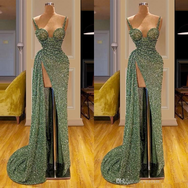 vintage matcha green glitter long split evening dresses spaghetti mermaid women party gowns vestidos de fiesta de noche party dress