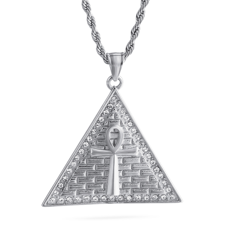New Men Egyptian Pyramids Cross Pendants Necklace 316L Stainless Steel 18K Gold Plated Rhinestone Setting Jewelry