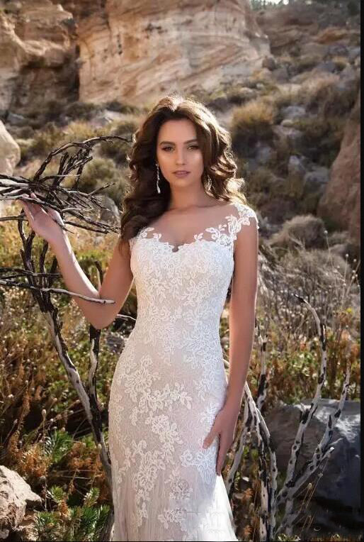 Sexy Illusion Back Mermaid Lace Country Wedding Dresses New Applique Cap Sleeve Long Train Designer Beach Boho Bridal Gowns Bride Dress