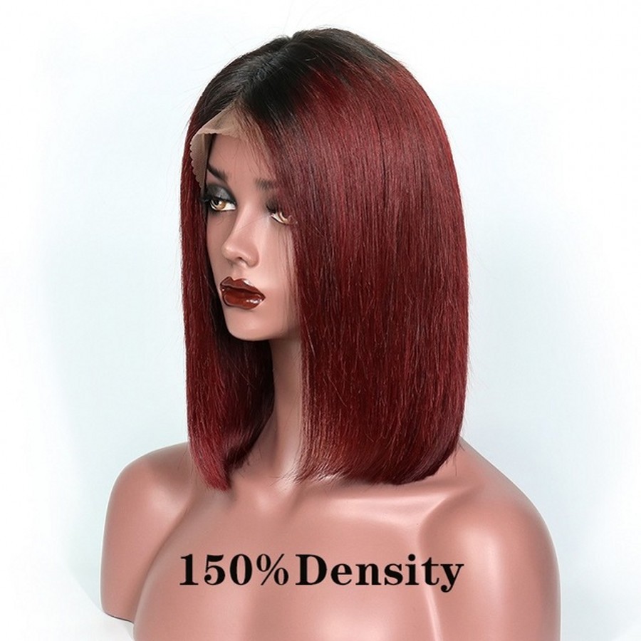 14 Inchmiddle Part Short Straight Bob Full Hair Wigs Black Ombre Bury Red Synthetic Lace Front Wig For Afro Women