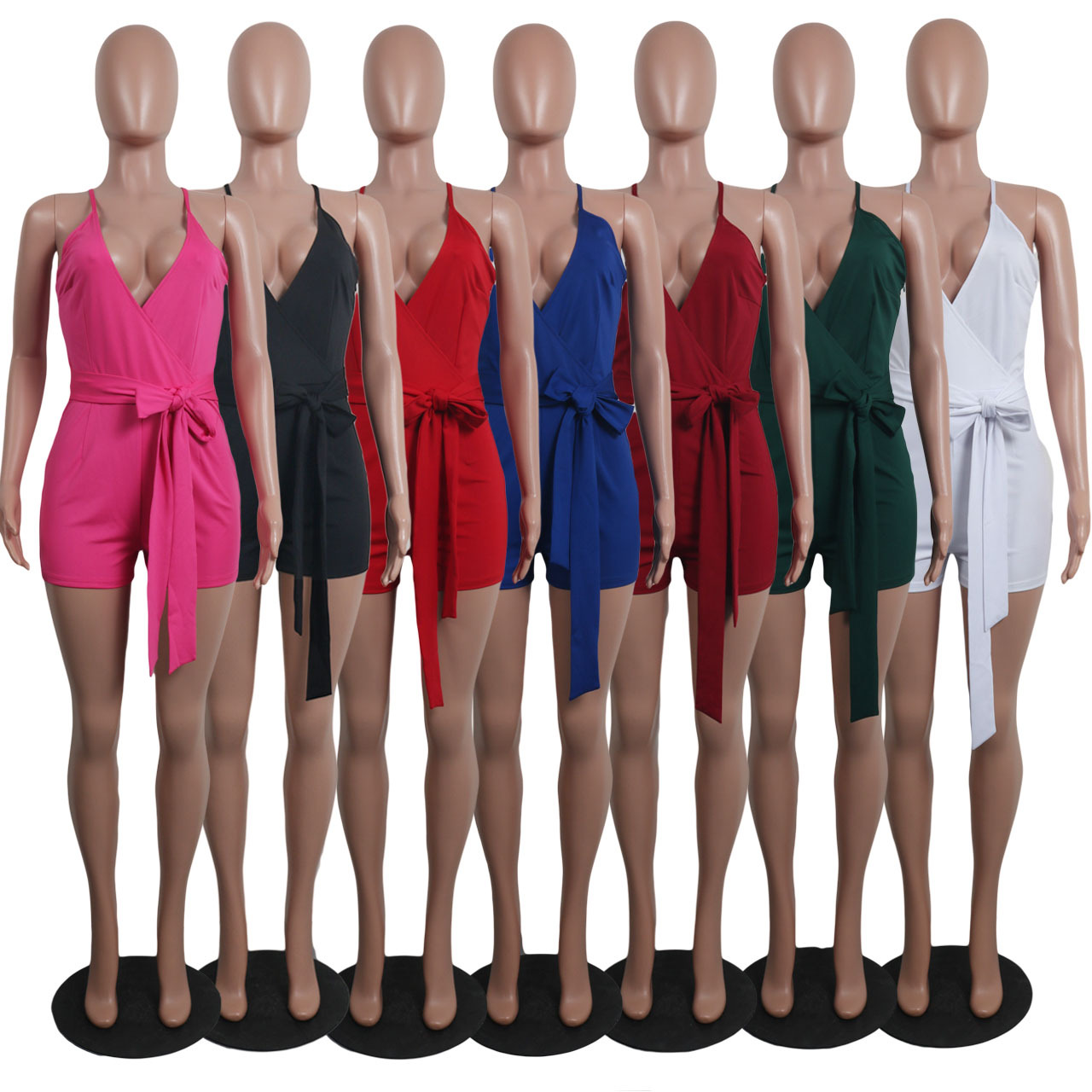 Spot Jumpsuits European spring and autumn fashion sexy deep V-neck solid color one-piece shorts support mixed batch
