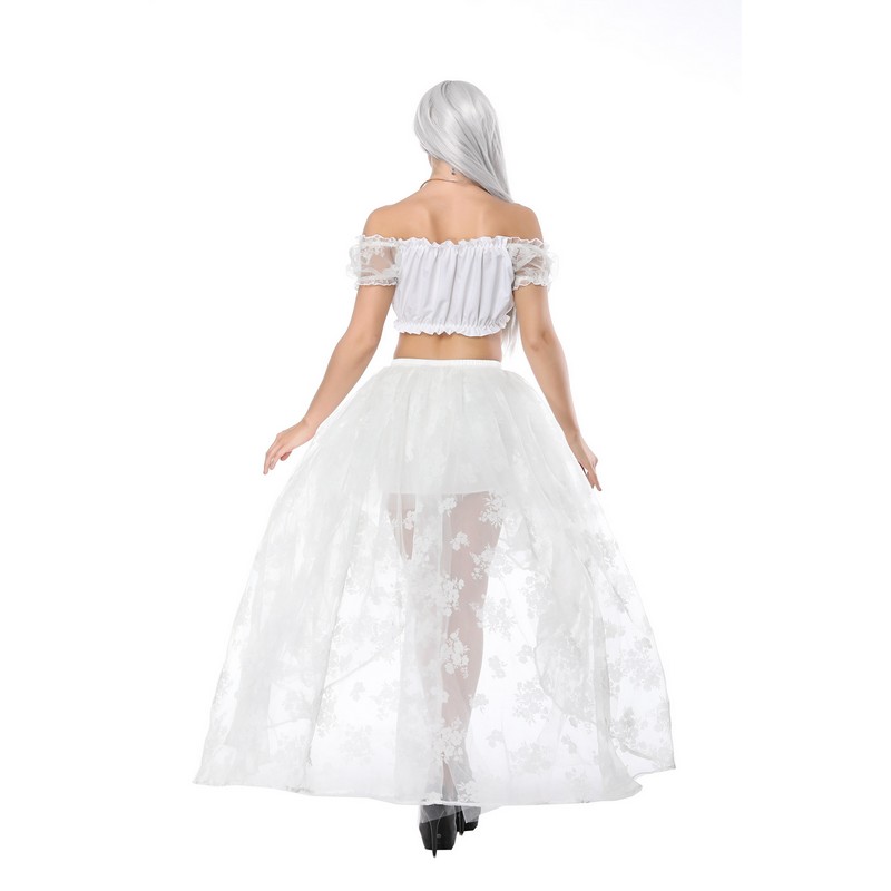 Women 2pcs Dancing Outfit Lolita Rose Floral Lace Mesh Short Sleeves Crop Top with Flocked Asymmetrical Ruffler Floor Hi-lo Skirt Pardy Dres