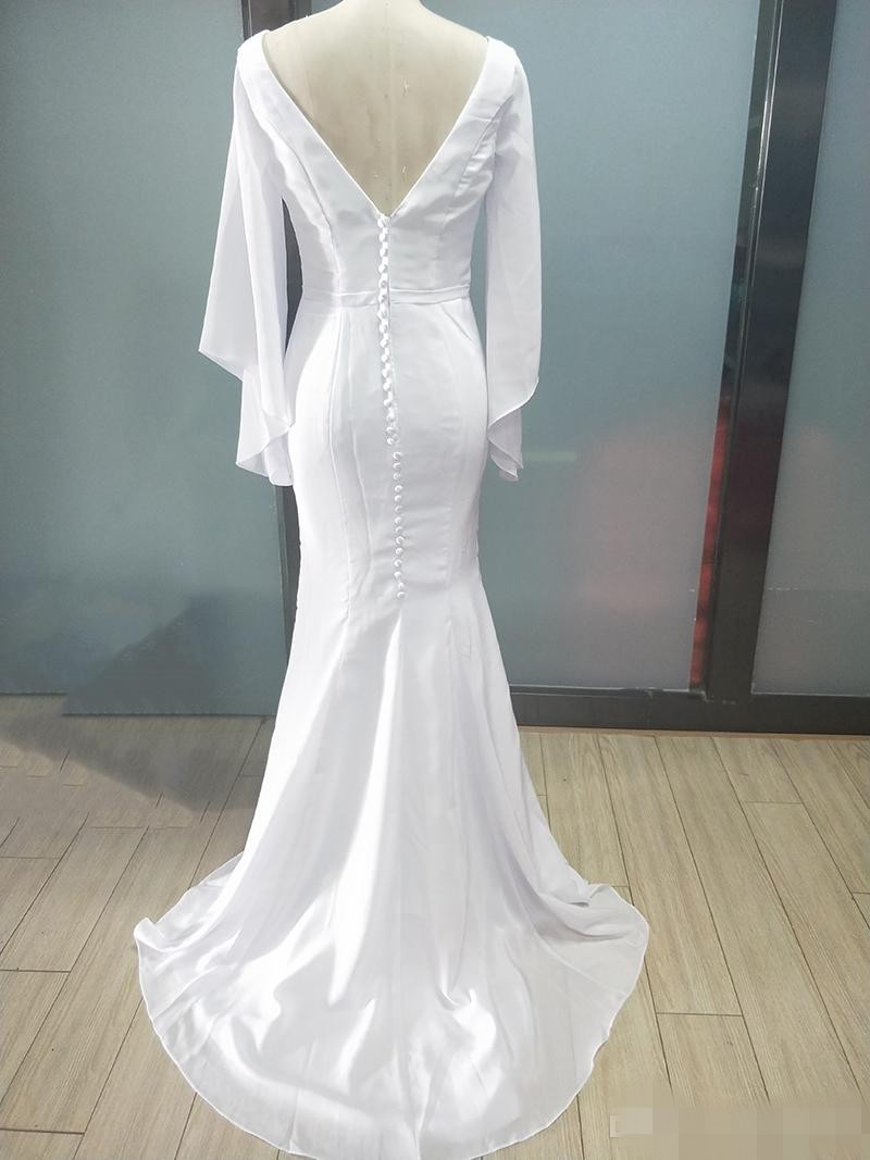 Long Poet Sleeves Dresses Mermaid Plunging V Neck Sweep Train Chiffon Covered Buttons Back Wedding Gown Vestido De Novia